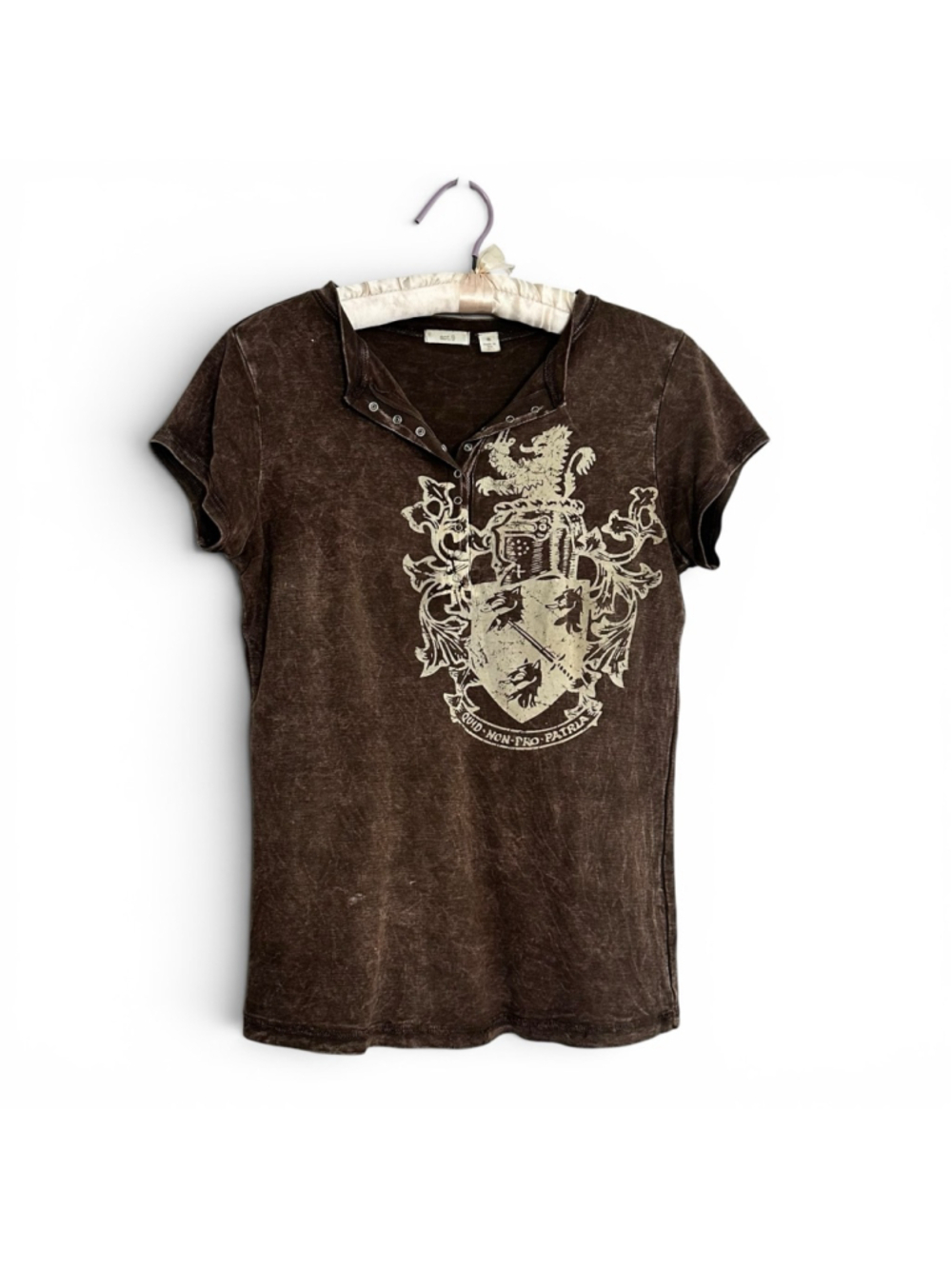 Y2K APT 9 Crest Graphic Henley Tee Brown Grunge Baby Tee Goth Academia Top